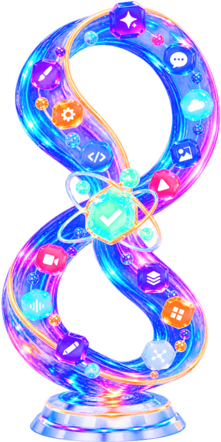 A glowing infinity-shaped sculpture threaded with gem-like icons for chat, code, image, video and audio tools, standing on a lit podium