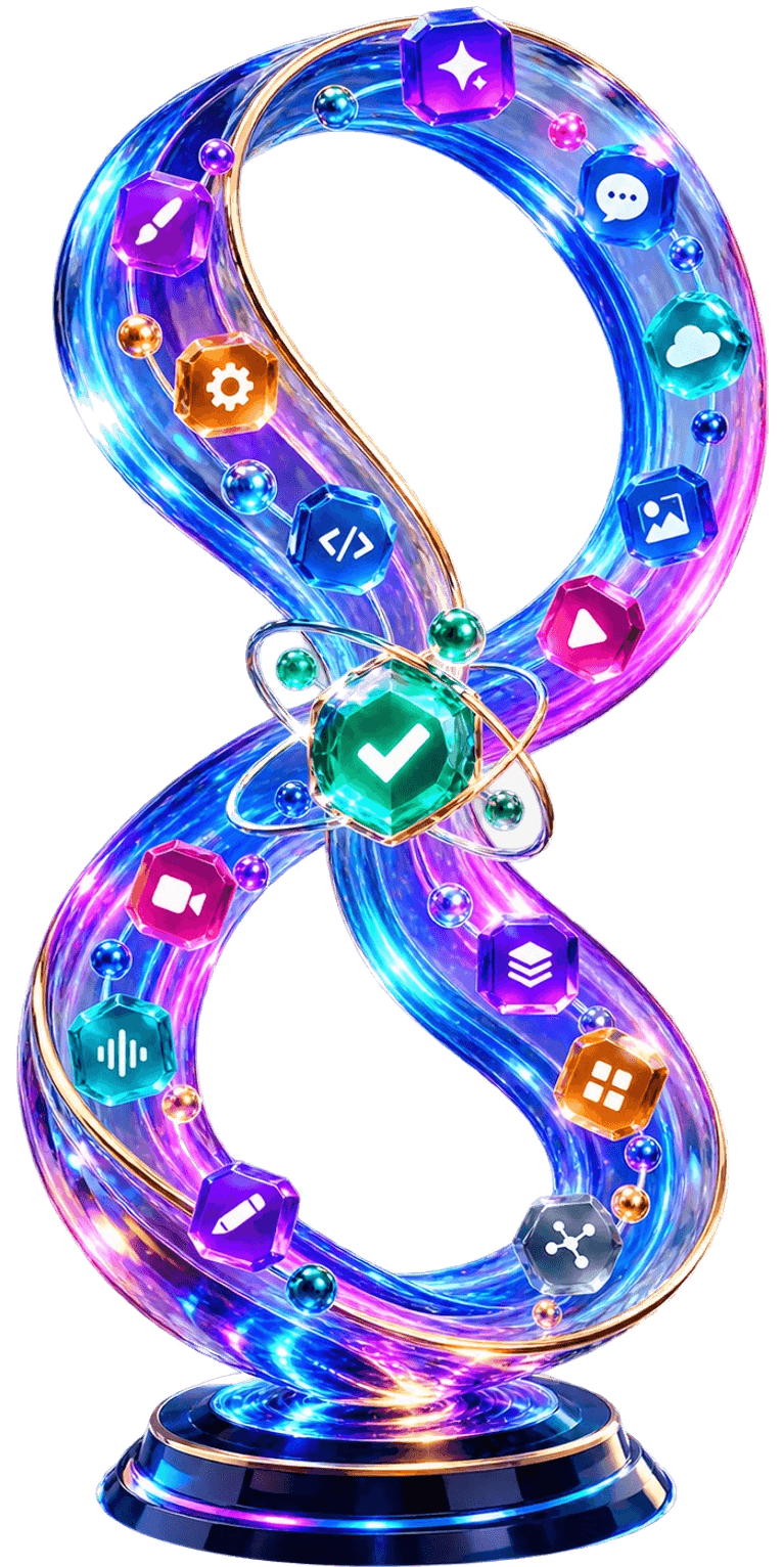 A glowing infinity-shaped sculpture threaded with gem-like icons for chat, code, image, video and audio tools, standing on a lit podium